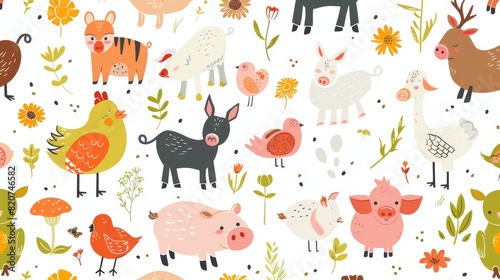 Cartoon farm animals pattern on a white background