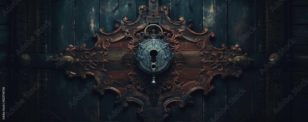 A beautifully crafted antique lock adorns a weathered wooden door.