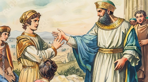 Prophet Samuel Anointing David as Future King of Israel Biblical Illustration for Inspirational Art photo