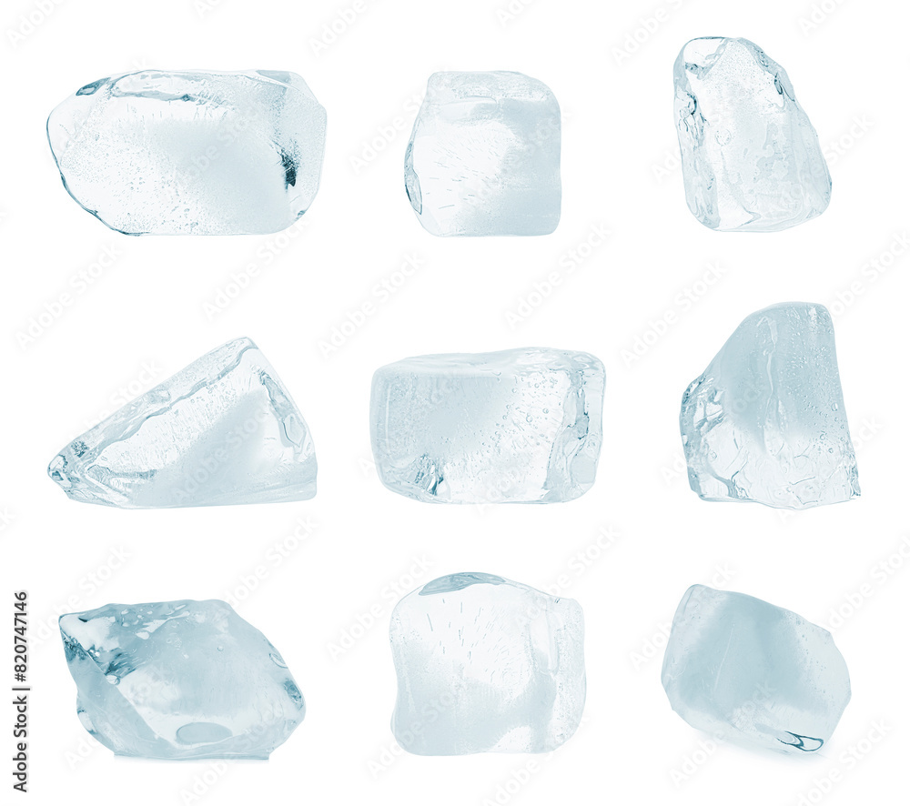 Crystal clear pieces of ice isolated on white, set Crystal clear pieces of ice isolated on white, set