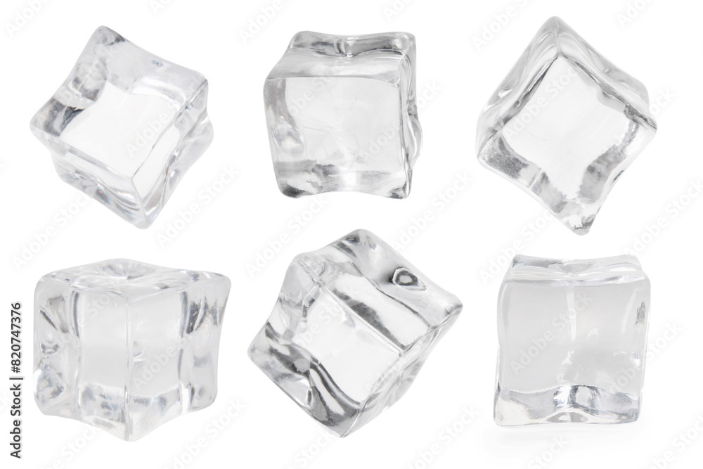Crystal clear ice cubes isolated on white, set Crystal clear ice cubes isolated on white, set