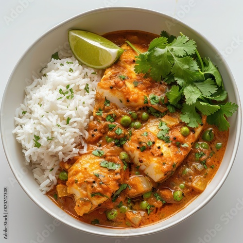 a sumptuous serving of fish curry loaded with the finest of fresh ingredients alongside a fragrant basmati rice, garnished with chopped cilantro and key lime