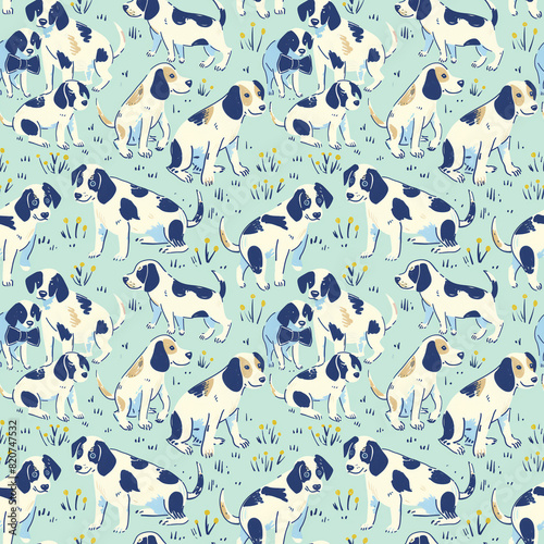 A seamless pattern with multiple illustrations of dogs playing in the field, their bodies covered in large white spots, pastel blue background, vector illustration in the style of Peter Harskamp, mini photo