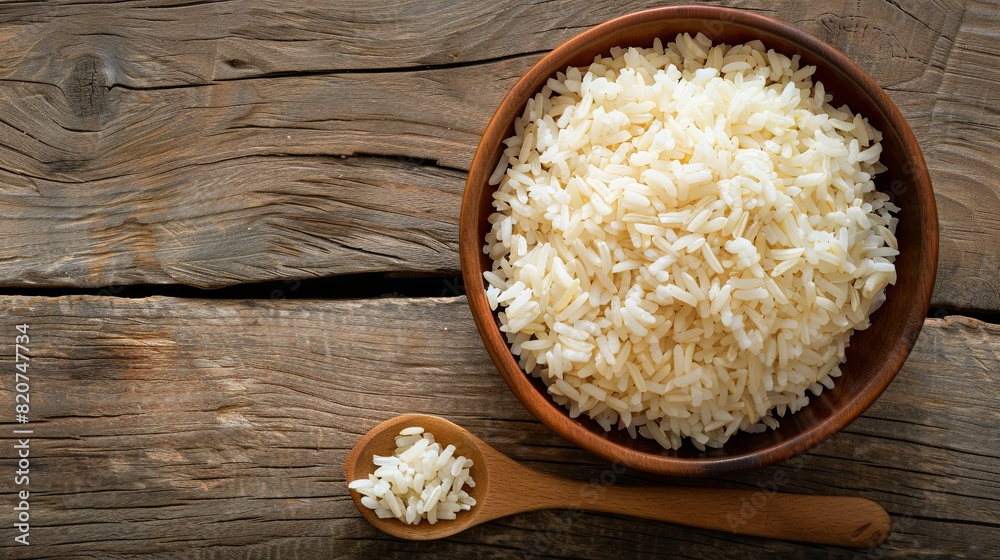 A bowl of cooked white rice sits on a wooden table next to a wooden spoon. Generative AI A bowl of cooked white rice sits on a wooden table next to a wooden spoon. Generative AI