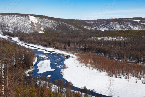 Spring landscape of the Chulman River before the start of ice drift.