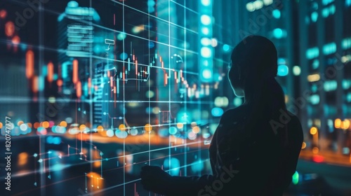 Silhouette of Woman Analyzing Stock Market Data in Modern City