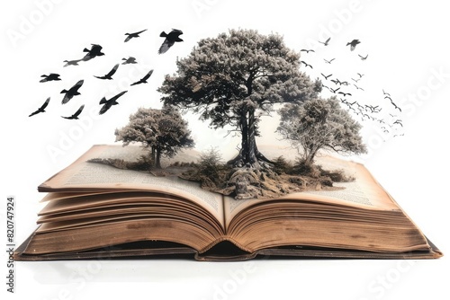 magical fantasy open book of fairy tales with a magical coming to life 3D illustration of an old ancient tree with a flock of crow birds