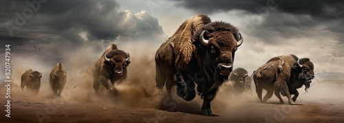 A powerful herd of bison charging through dusty plains under a dramatic cloudy sky, capturing the essence of the wild..
