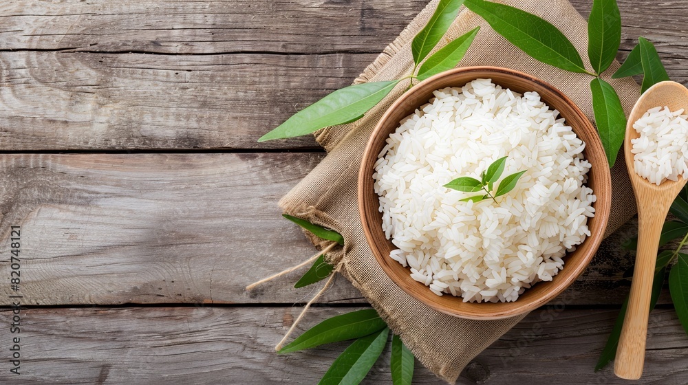 A wooden table displaying a bowl of cooked white rice and a wooden spoon. Generative AI A wooden table displaying a bowl of cooked white rice and a wooden spoon. Generative AI