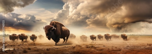 A powerful herd of bison charging through dusty plains under a dramatic cloudy sky, capturing the essence of the wild..