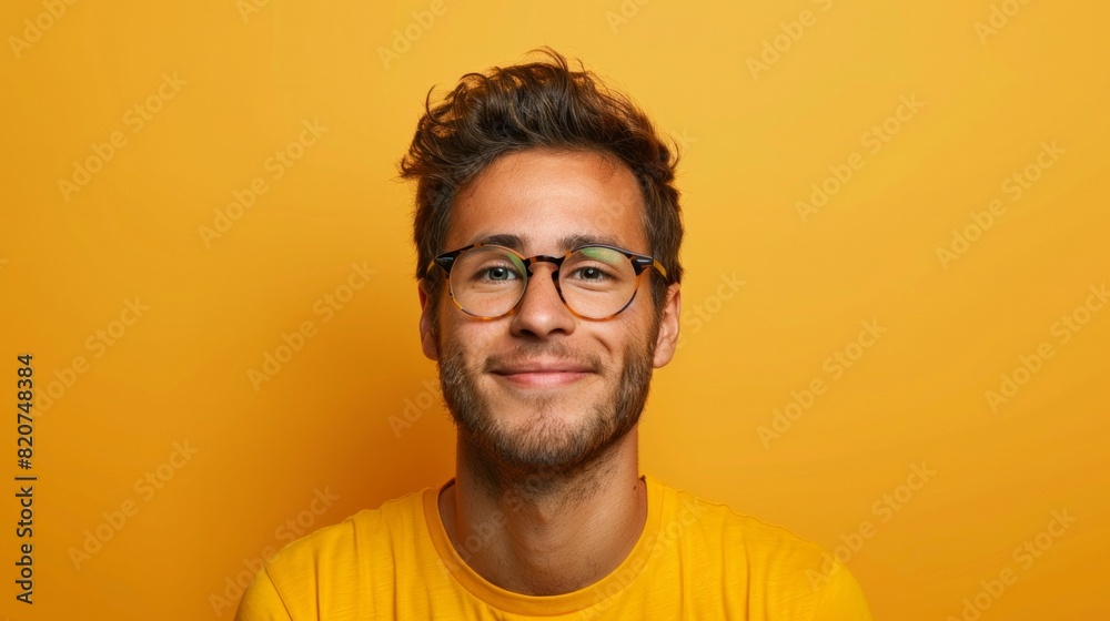 Pensive bearded man close up portrait. Yellow t-shirt isolated on yellow background Pensive bearded man close up portrait. Yellow t-shirt isolated on yellow background