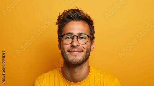 Pensive bearded man close up portrait. Yellow t-shirt isolated on yellow background