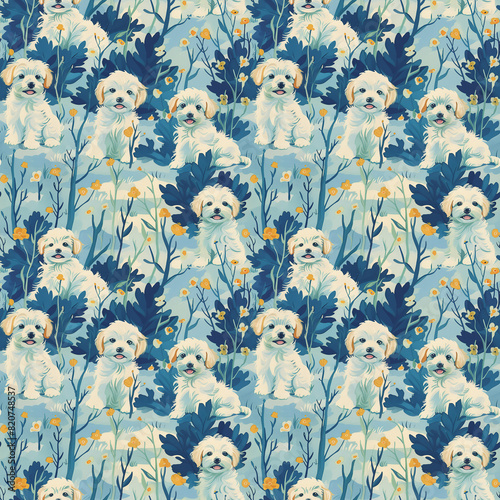 White Maltese dogs, small and cute with fluffy fur, flowers in the trees, seamless pattern on blue background, digital art illustration in the style of seamless pattern