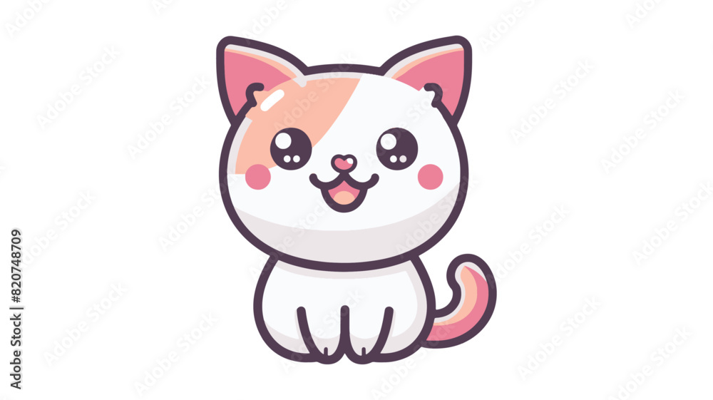 A cute illustration of a cartoon kitten is depicted against a white background. The kitten has a round face with large, sparkling eyes, and rosy cheeks. Its fur is primarily white with patches of pink