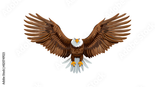 An illustration of a bald eagle in mid-flight is shown against a white background. The eagle's wings are fully spread, displaying detailed brown feathers