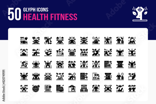 Set of 50 Health Fitness icons related to Wellness, Fitness, Exercise, Nutrition Glyph Icon collection