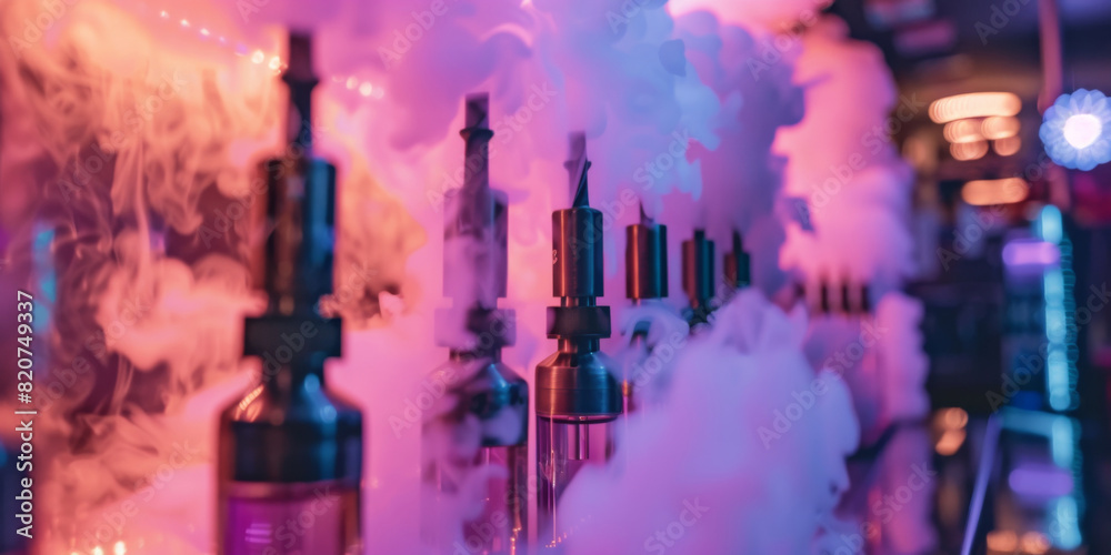 Fototapeta premium Vape Devices in a Trendy Vapor Lounge with Neon Lights