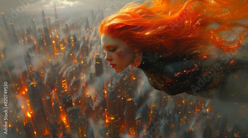 female hero with red hair flies under a burning city photo