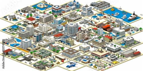 Isometric illustration of a modern city showcasing diverse buildings  infrastructure  and urban planning