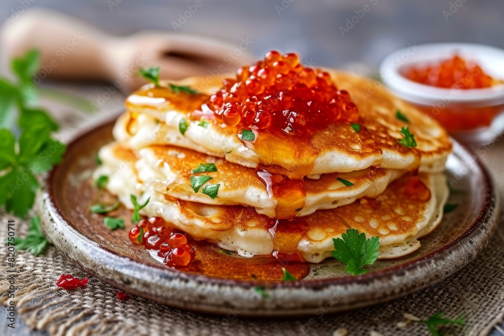 Close-up of pancakes topped with red caviar and garnished with parsley, served on a rustic plate with a blurred background Close-up of pancakes topped with red caviar and garnished with parsley, served on a rustic plate with a blurred background