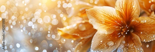 Close-up of a golden hibiscus flower with dew drops, highlighted by soft bokeh lights in a warm-toned background © Irina Kozel