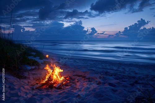 a campfire on a beach with the ocean in the background