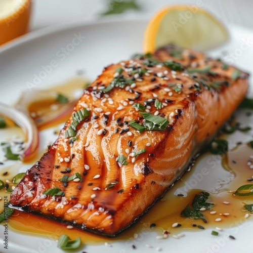 a teriyaki glazed salmon fillet infused with herbs and spices, garnished with chopped chives, drizzled with a teriyaki sauce cooked to perfection