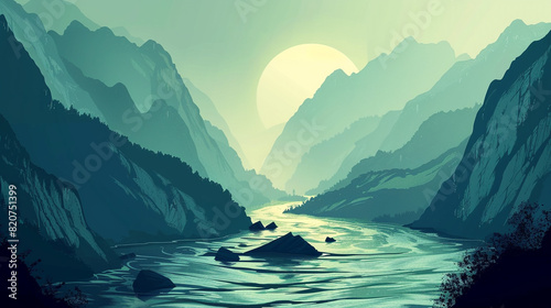 Craft an artistic rendition of a tranquil river flowing through a mountainous region, employing layered vector elements for depth. photo