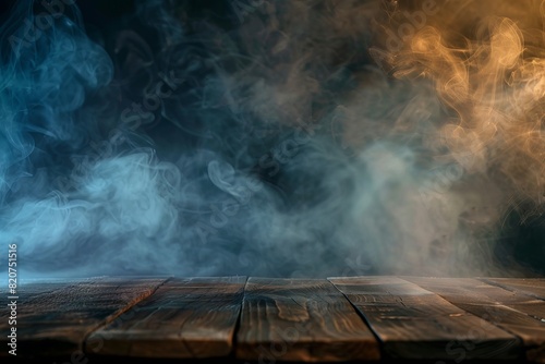 Creative interior concept. Abstract Dark room with slow moving wispy smoke fog surrounding on wooden table background