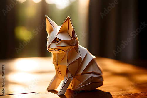 Delightful close-up photograph of an intricately folded paper origami cat on a wooden table. Sunlight casts a warm glow, highlighting the delicate folds and playful expression, evoking a serene and no