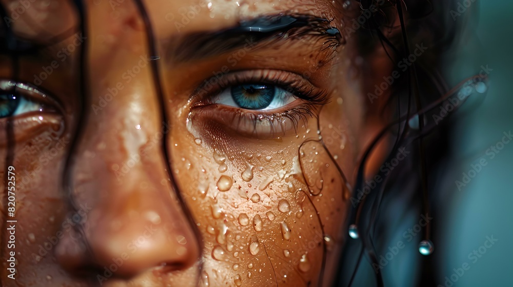 Intense gaze through water droplets - close-up of woman's eye with a reflective look