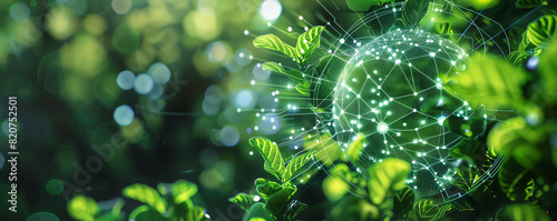 Antivirus symbol enveloped in green vines and circuitry, copy space, ecotechnology theme, dynamic, manipulation, ecoconscious design backdrop