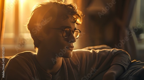 Contemplative young adult in warm sunlight thinking deeply