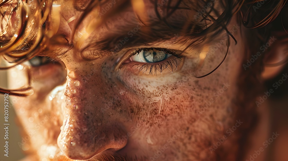 Intense gaze of a young man with curly hair and freckles, evoking strength and determination.