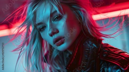 Futuristic portrait of a young woman with neon lights and windblown hair