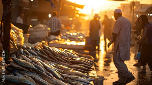 Bustling fish market at sunset with locals shopping and vendors selling