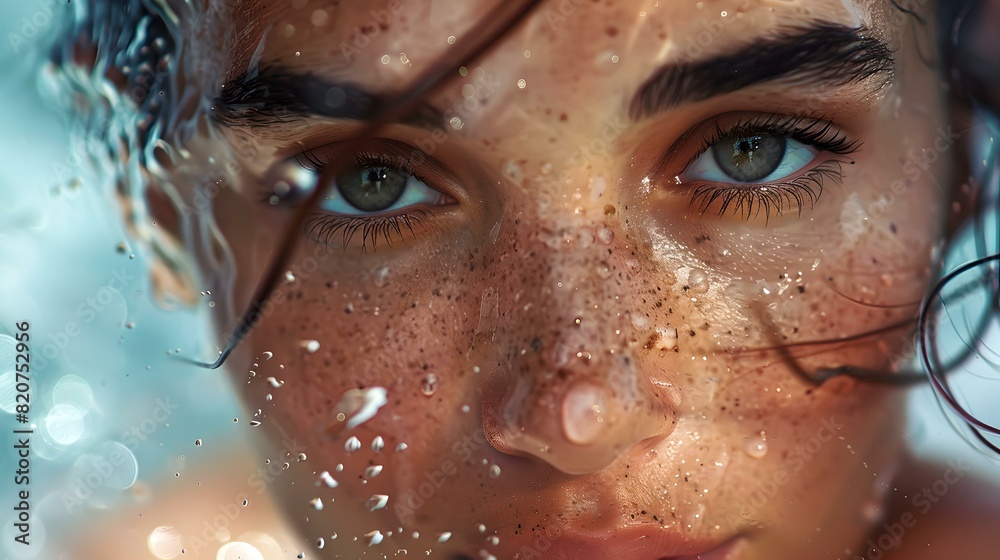 Intense gaze: close-up of a woman's face with water droplets and sun flares Intense gaze: close-up of a woman's face with water droplets and sun flares