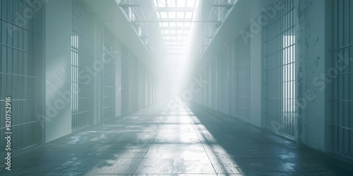 Sunlit empty prison corridor with barred cells on both sides