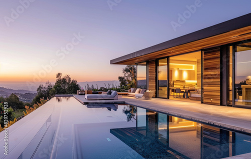 A modern, minimalist pool house with large windows overlooking the valley at sunset. © Kien