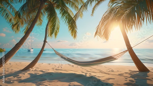 Tranquil hammock between palm trees on a sunny beach paradise