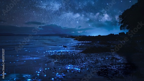 Mystic bioluminescent beach under a starry night sky, nature's nighttime splendor