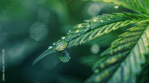 A detailed close-up of a cannabis leaf with an oil drop magnifying a cell structure, representing cellular level healing photo