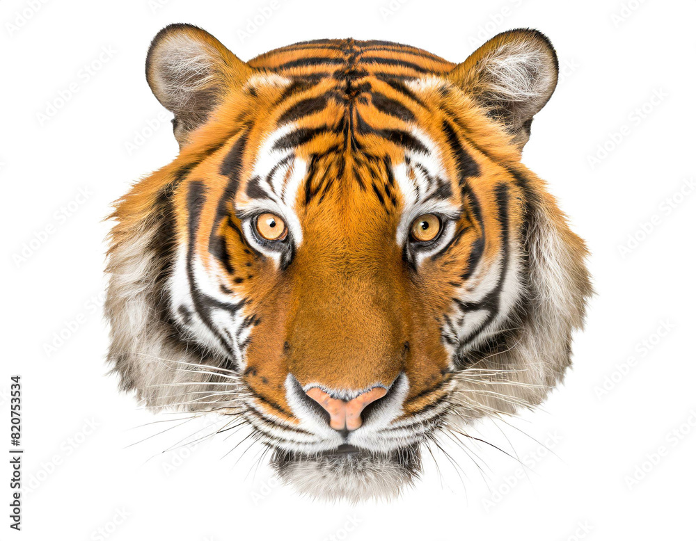 Fototapeta premium Tigerkopf isoliert auf weißen Hintergrund, Freisteller, draufsicht