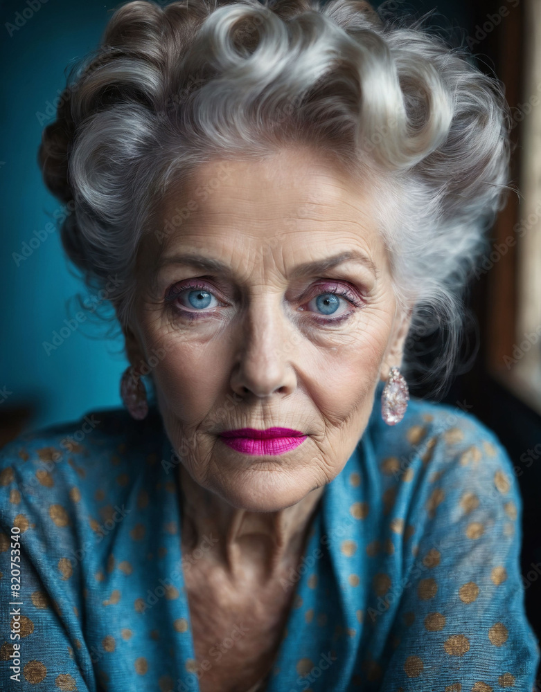 Portrait of an Elegant Elderly Woman with Gray Hair and Earrings in a Vintage Style