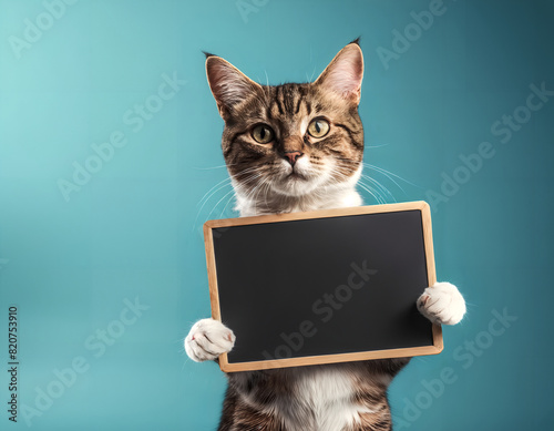 Cat with striped fur pattern holding a blank chalkboard with empty space for text or visual elements. Solid blue background contrasting with brown cat fur. 