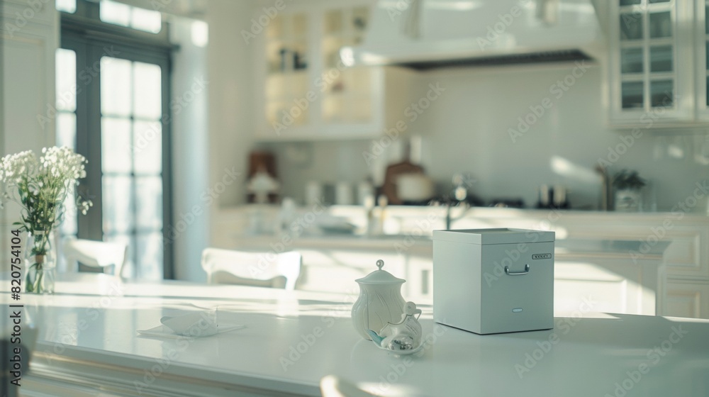 bright white-toned kitchen without windows, kitchen island, small white box on the table bright white-toned kitchen without windows, kitchen island, small white box on the table