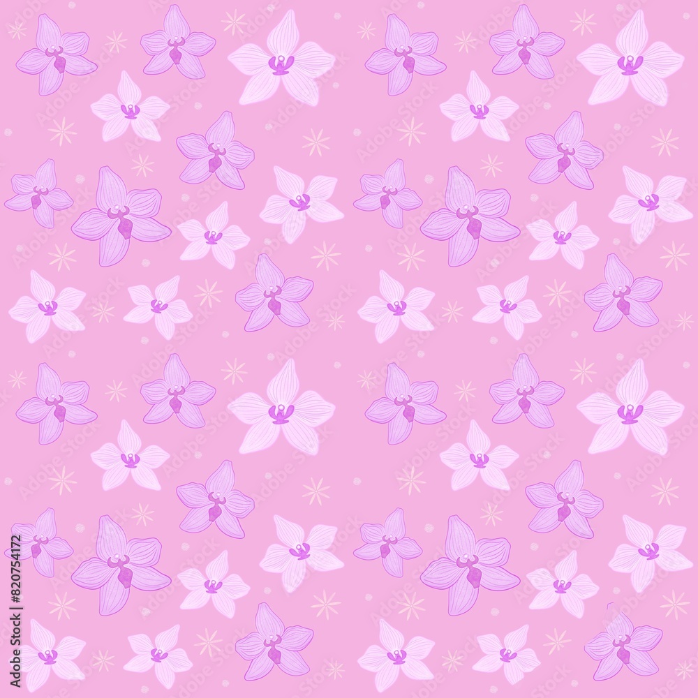 Pink orchid flower seamless pattern. Ditsy floral print botanical background. Good for fabric, fashion design, summer spring dress, kimono, pajama, clothing, textile, wallpaper, wrapping paper.