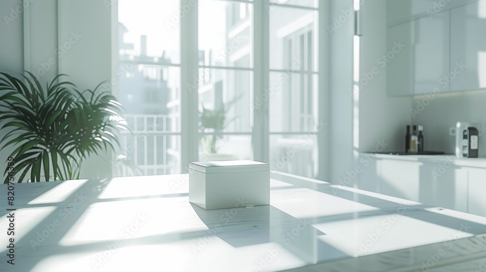Fototapeta premium bright white-toned kitchen without windows, kitchen island, small white box on the table