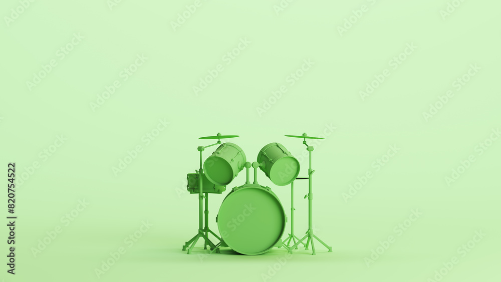 Green drum kit cymbals percussion musical instrument drum set music mint background 3d illustration render digital rendering