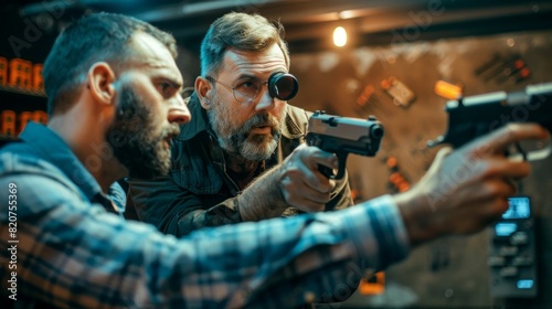 Two men are holding guns and looking at each other